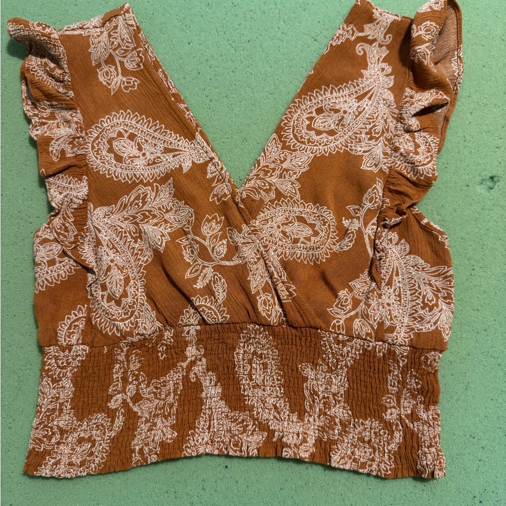 Paper Crane Brown and Cream Ruffled Crop Blouse